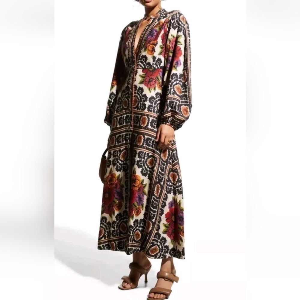 FARM Rio Black Floral Long Sleeve Maxi Dress with Pink and Orange Accents - Picture 3 of 6